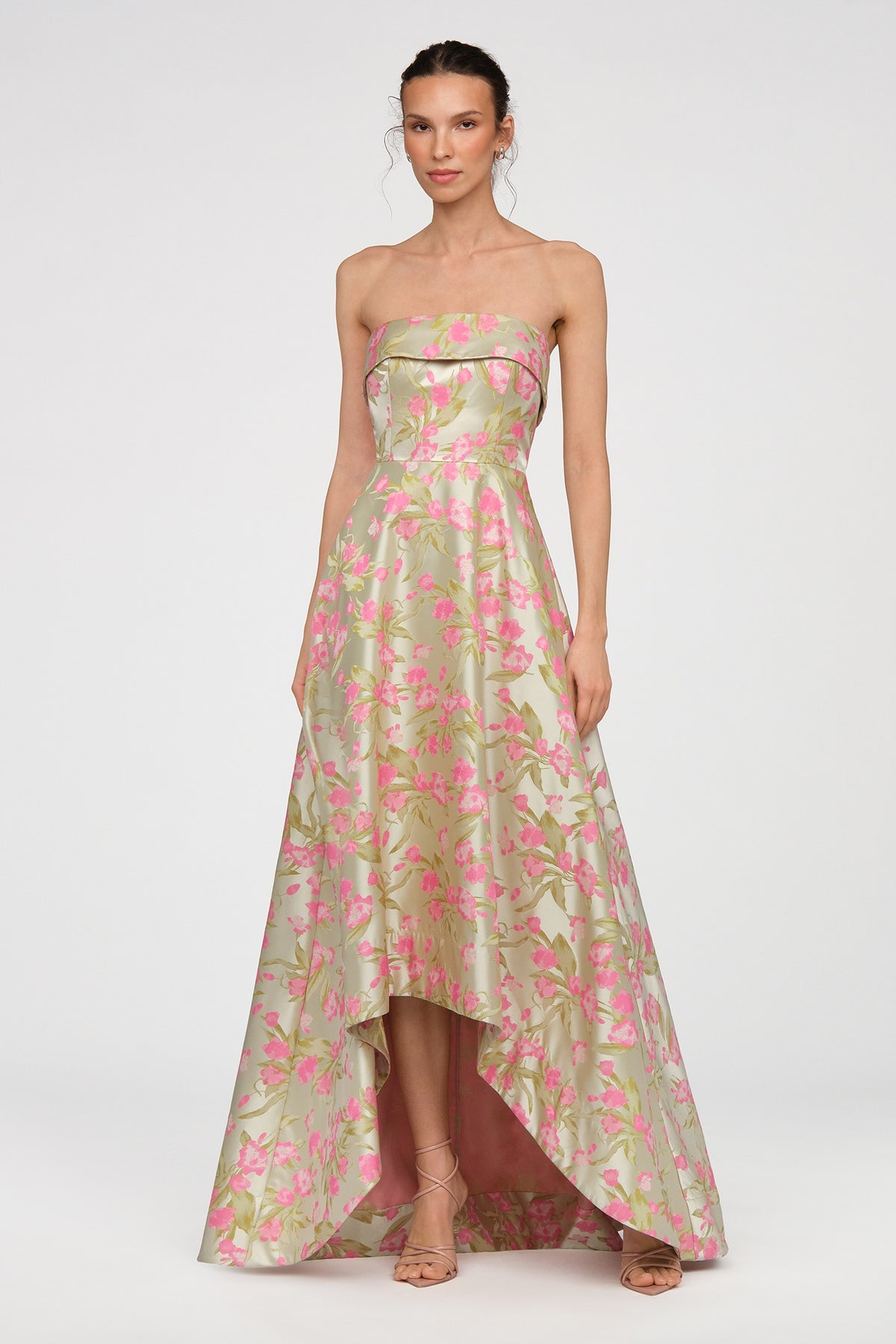 THEIA SYLVANA JACQUARD HIGH LOW GOWN