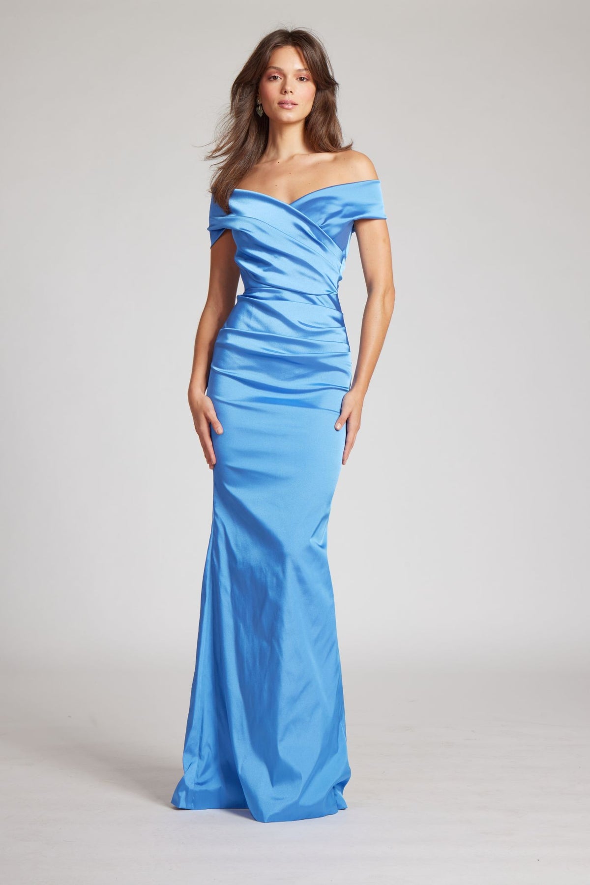 TERI JON STRETCHED TAFFETA RUCHED GOWN