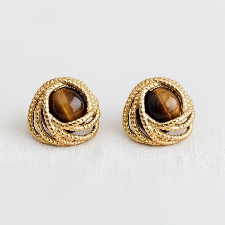 ELLEMADERA GEOMETRIC TIGER EYE STONE DROP EARRINGS