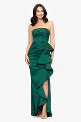 BETSY & ADAM STRAPLESS SIDE CASCADE GOWN