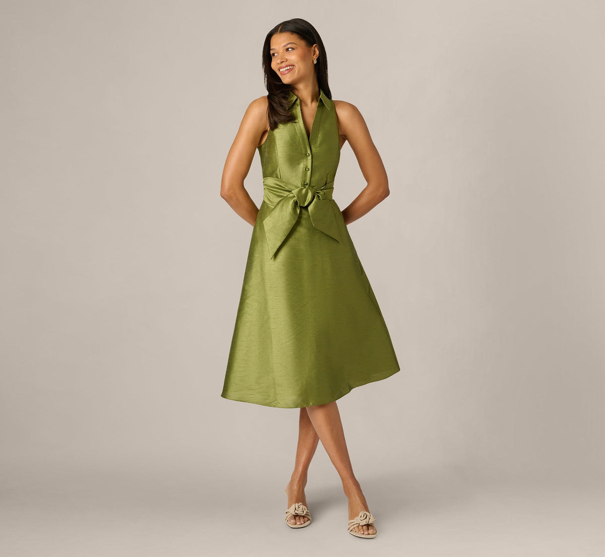 ADRIANNA PAPELL TIE WAIST SLEEVELESS SHIRT DRESS