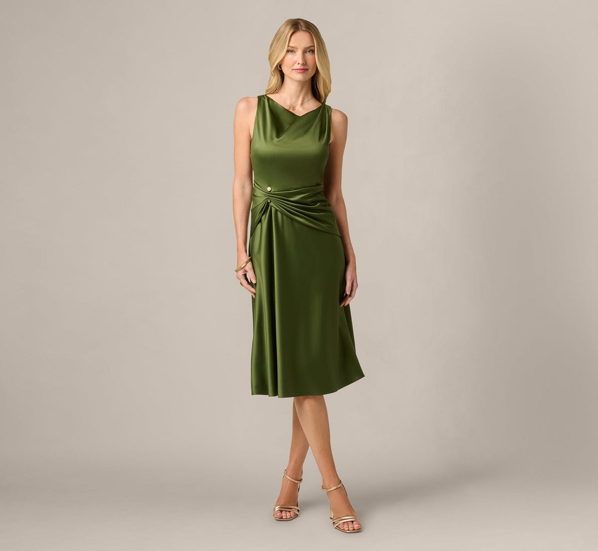 ADRIANNA PAPELL SATIN DRAPE FRONT MIDI