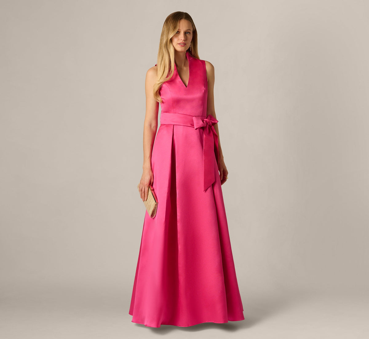 ADRIANNA PAPELL V NECK MOCK COLLAR BELTED GOWN