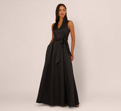 ADRIANNA PAPELL V NECK MOCK COLLAR BELTED GOWN