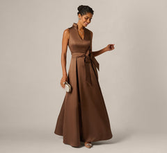 ADRIANNA PAPELL V NECK MOCK COLLAR BELTED GOWN