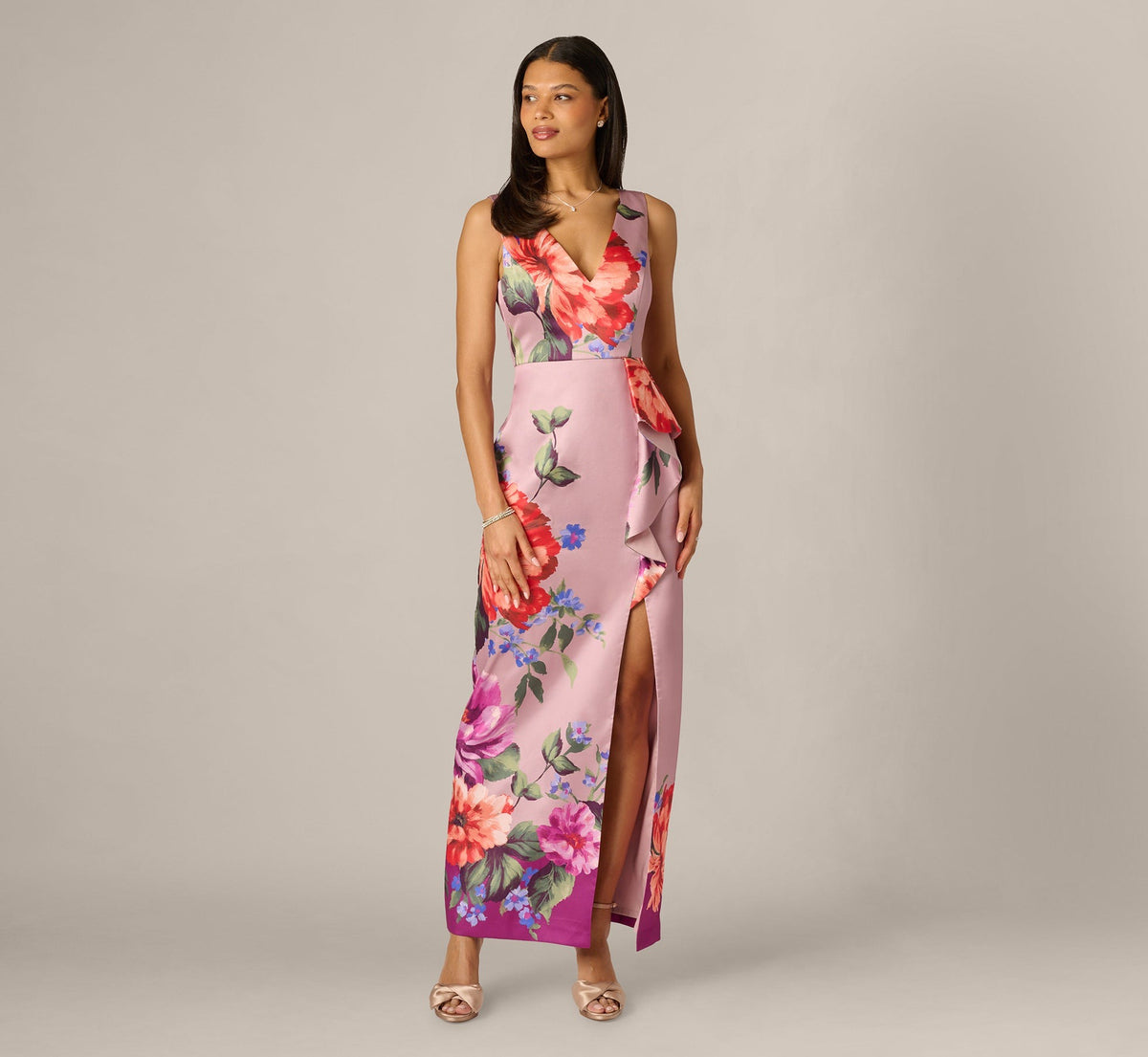 ADRIANNA PAPELL FLORAL SLEEVELESS GOWN