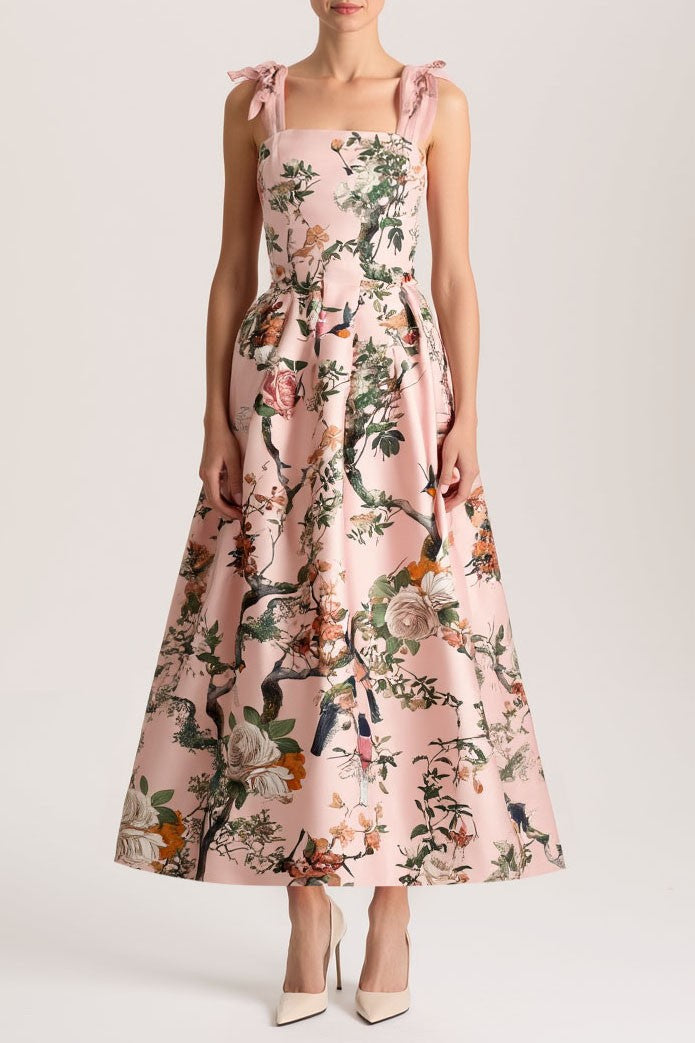 ALICE + OLIVIA HANNA SQ NK TIE STRAP MIDI DRESS