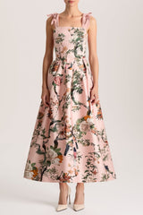 ALICE + OLIVIA HANNA SQ NK TIE STRAP MIDI DRESS