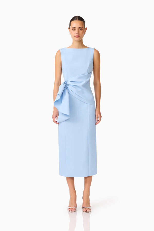 ELLIATT LIORA DRAPED RUFFLE COLUMN MIDI DRESS