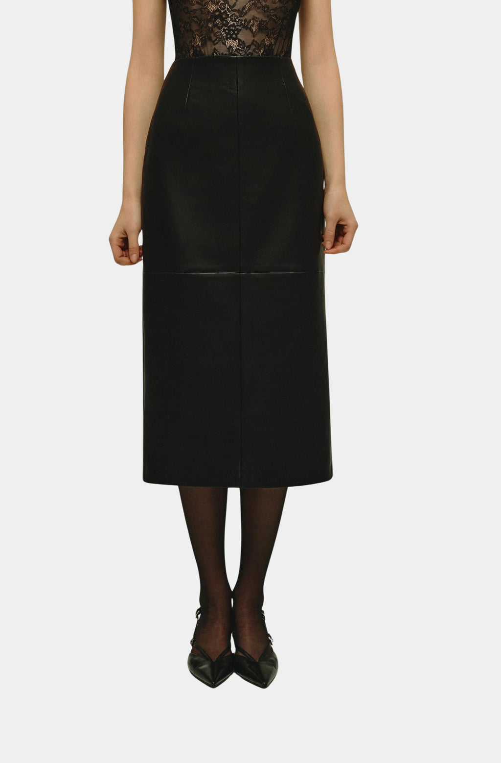 ELODIE AVEN VEGAN LEATHER MIDI SKIRT