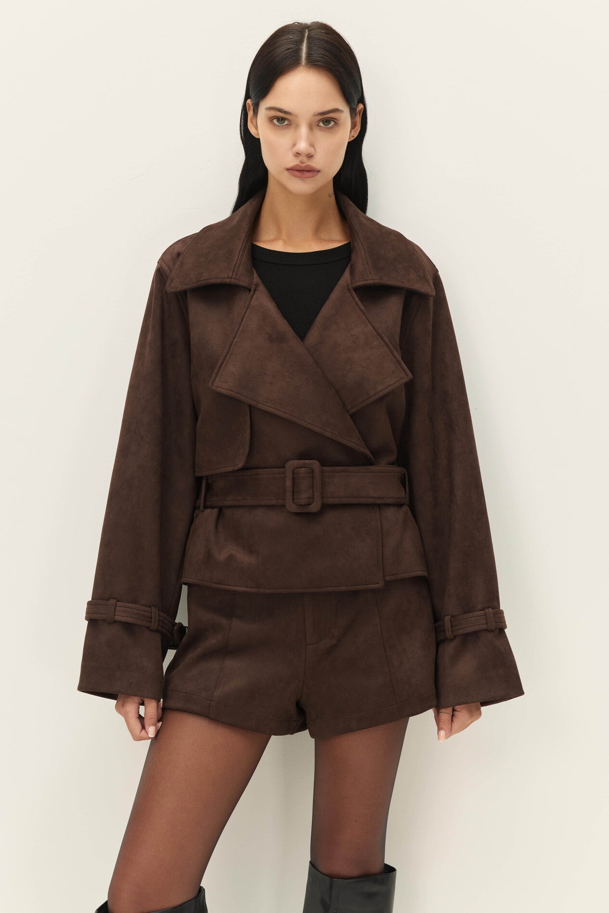 ELODIE MARAIS FAUX SUEDE CROPPED TRENCH COAT
