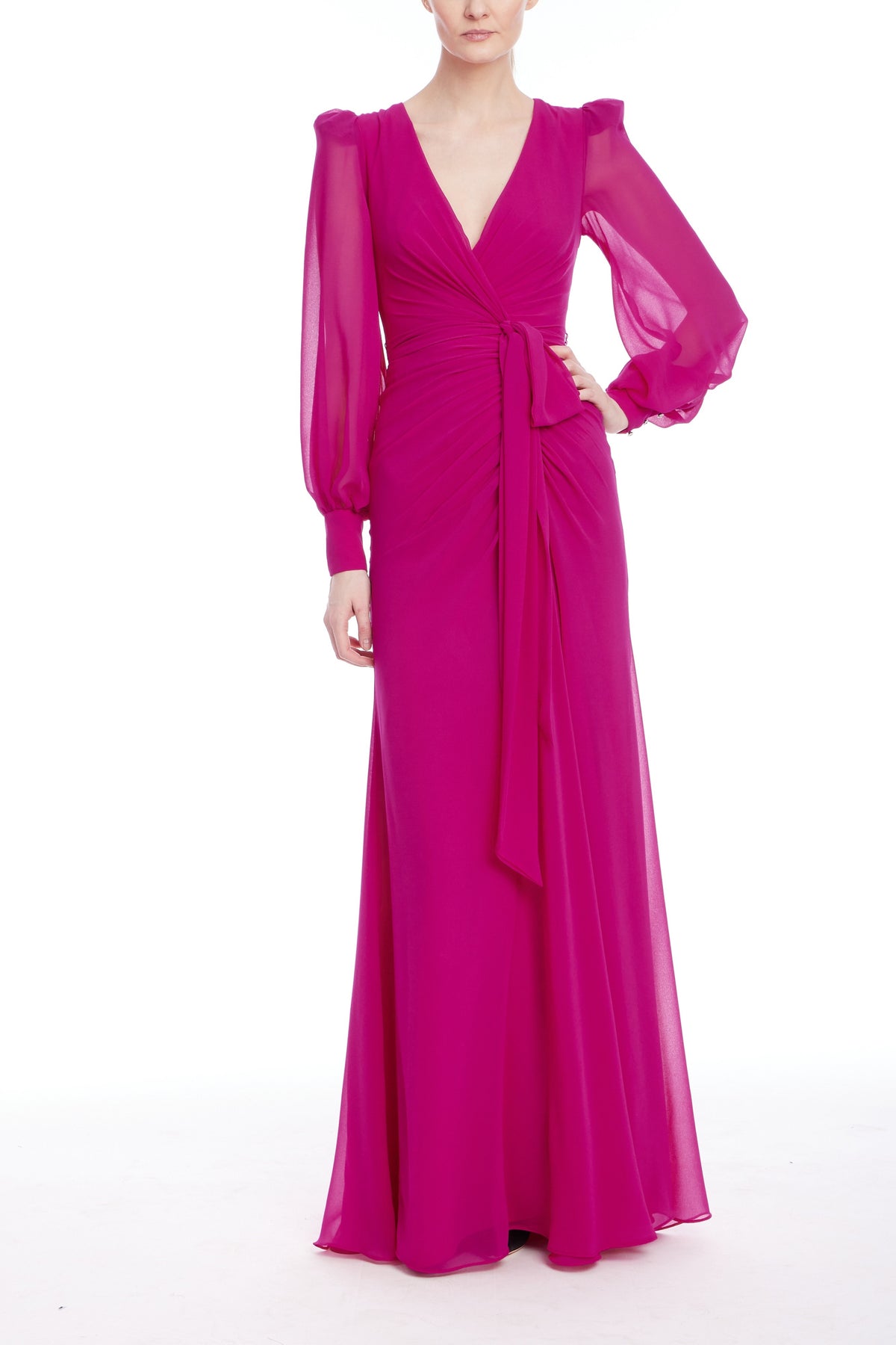 BADGLEY MISCHKA LONG SLEEVE FAUX WRAP GOWN