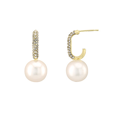 GS PAVE & PEARL DANGLE HOOP EARRING