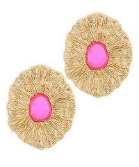GS TEXTURED OVAL W STONE EARRINGS