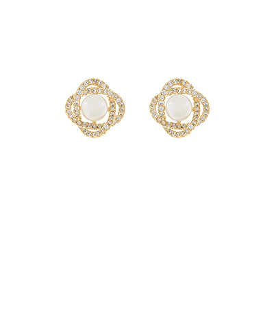GS PAVE LOVE KNOT AND PEARL STUD EARRINGS