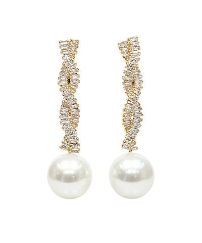GS 15MM PEARL AND TWISTED PAVE BAGUETTE EARRINGS