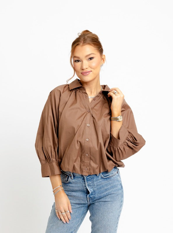 KARLIE SOLID POPLIN 3/4 SLV BUBBLE TOP