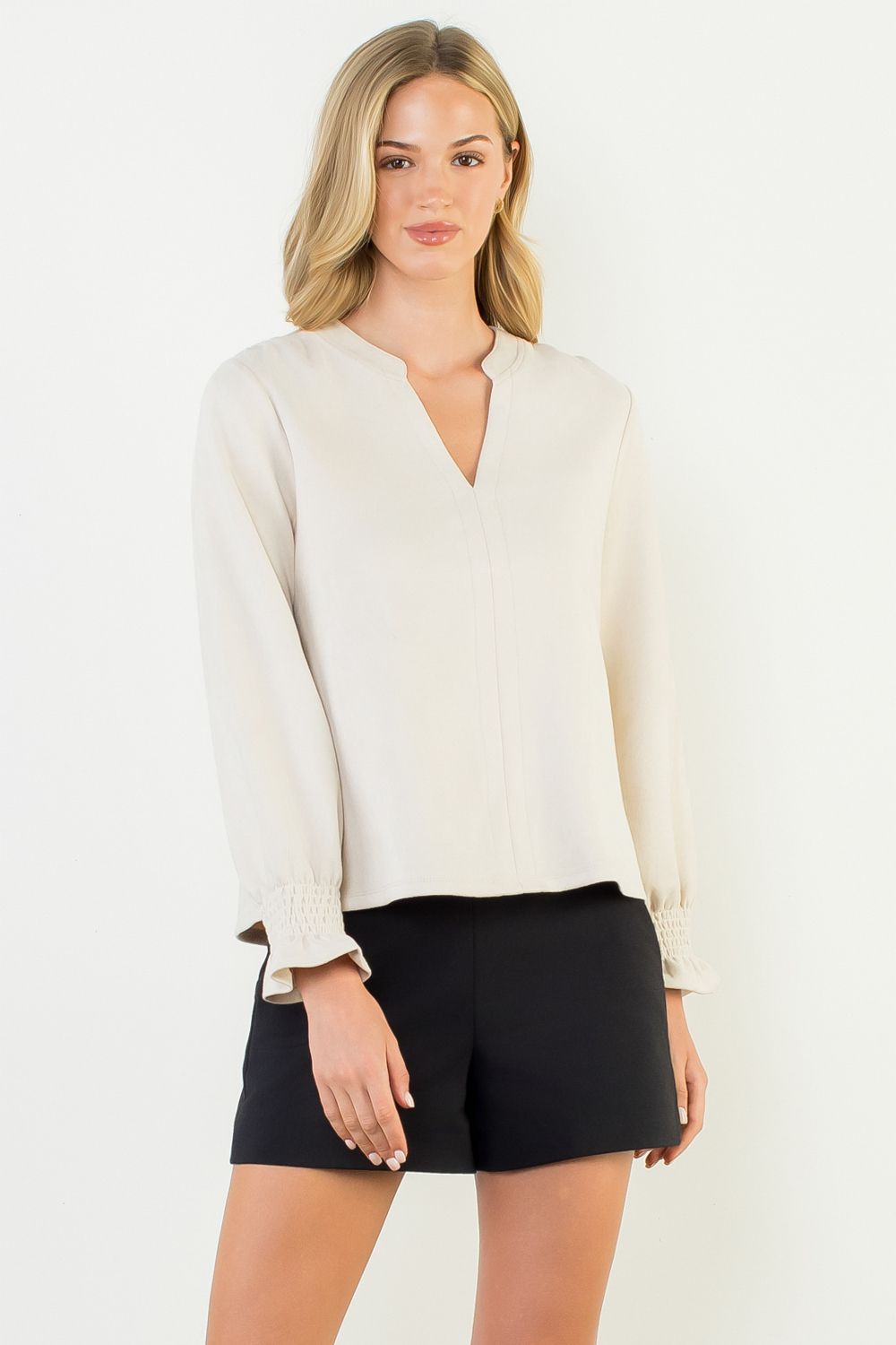 THML L SLV SUEDE V NECK TOP