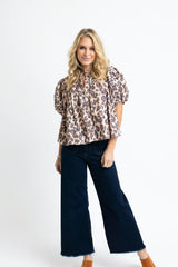 KARLIE LEOPARD DENIM PLEAT SLEEVE TOP