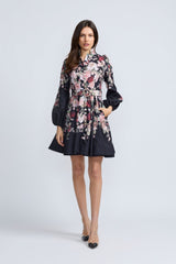 OOLALA FLORAL ROSE BELTED SHORT DRESS