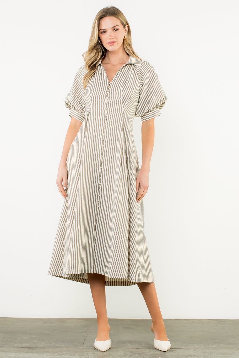 THML PUFF SLV STRIPE MIDI DRESS