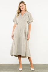 THML PUFF SLV STRIPE MIDI DRESS